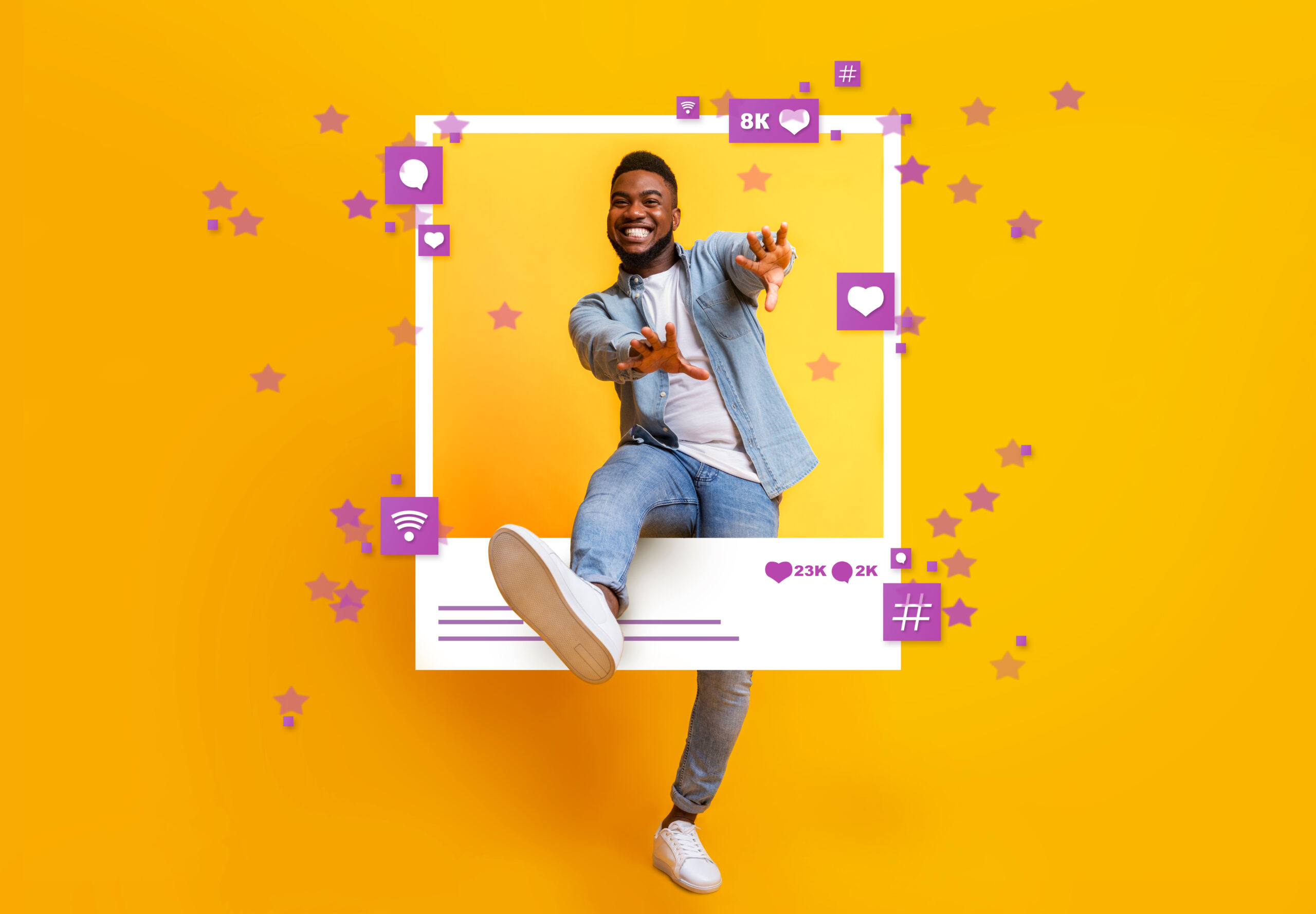 African American guy dancing and jumping out of photo frame on yellow background, collage with social media reactions